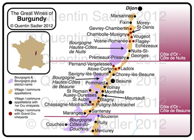 Mapa de melhores vinhos da Borgonha