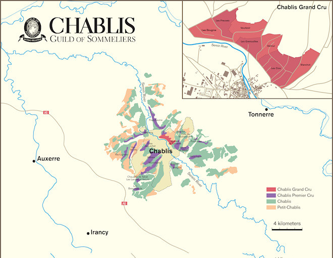 Mapa do vinho da região de Chablis na França