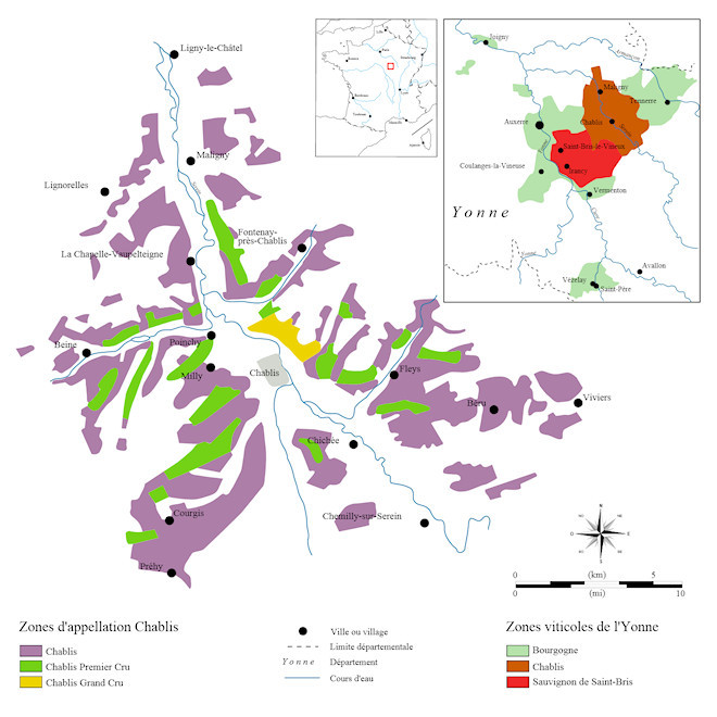 Mapa de vinhedos da região de Chablis