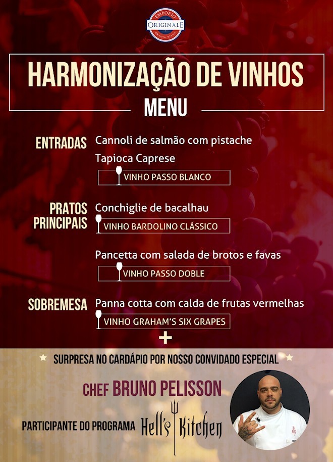 Jantar Harmonizado Emporio Originale cardápio e vinhos da Masi